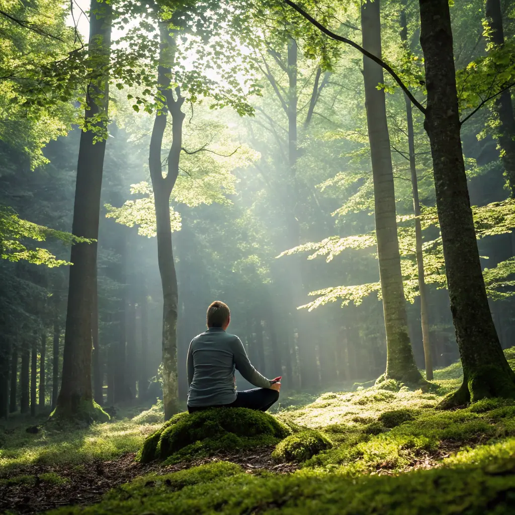 A person taking a deep breath in a serene forest setting, practicing mindful breathing.