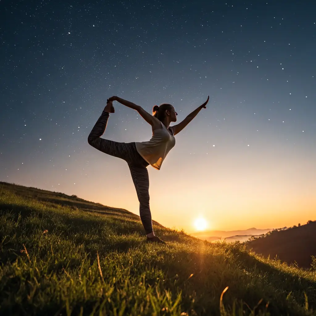 A person stretching gently during a yoga session at sunrise.