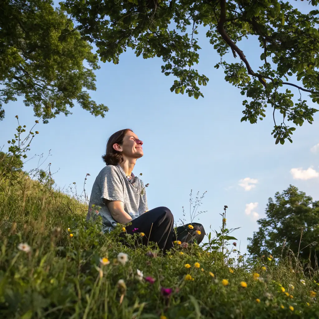 A person listening to calming music with eyes closed, surrounded by nature sounds.