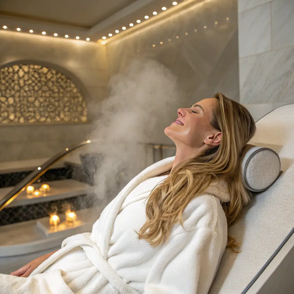 A person taking a warm bath with essential oils and candles.