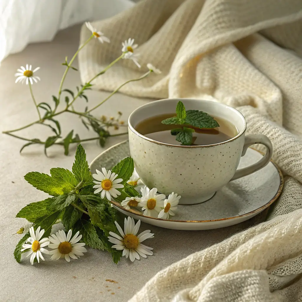 A person enjoying a cup of herbal tea in a cozy room with soft lighting.