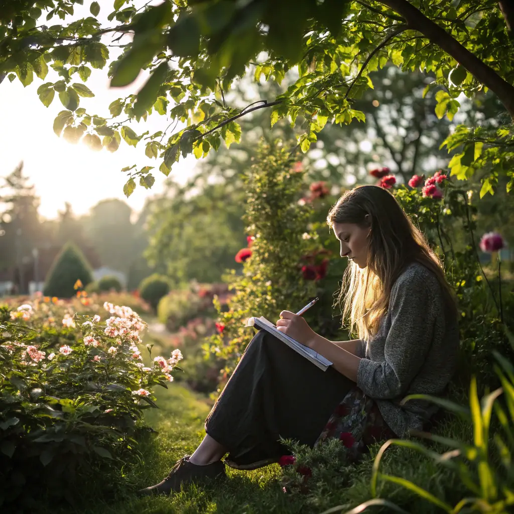 A person writing in a journal in a peaceful garden.